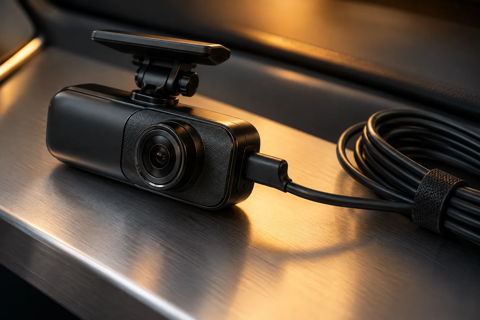 Close view of a dashcam and neat mounting accessories
