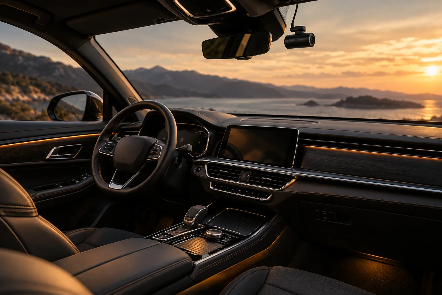 Refined car interior with warm amber lighting and selected accessories