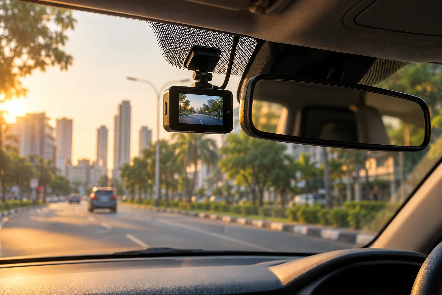 Dash camera position beside a rear-view mirror