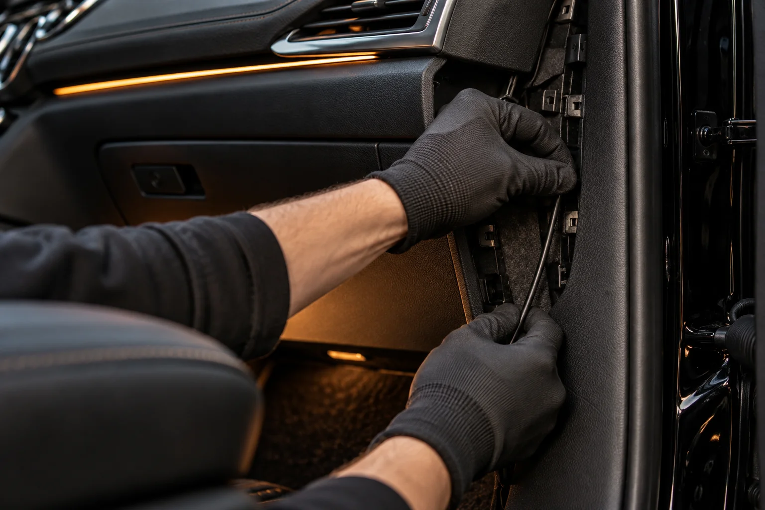 Hands preparing an accessory installation in a vehicle